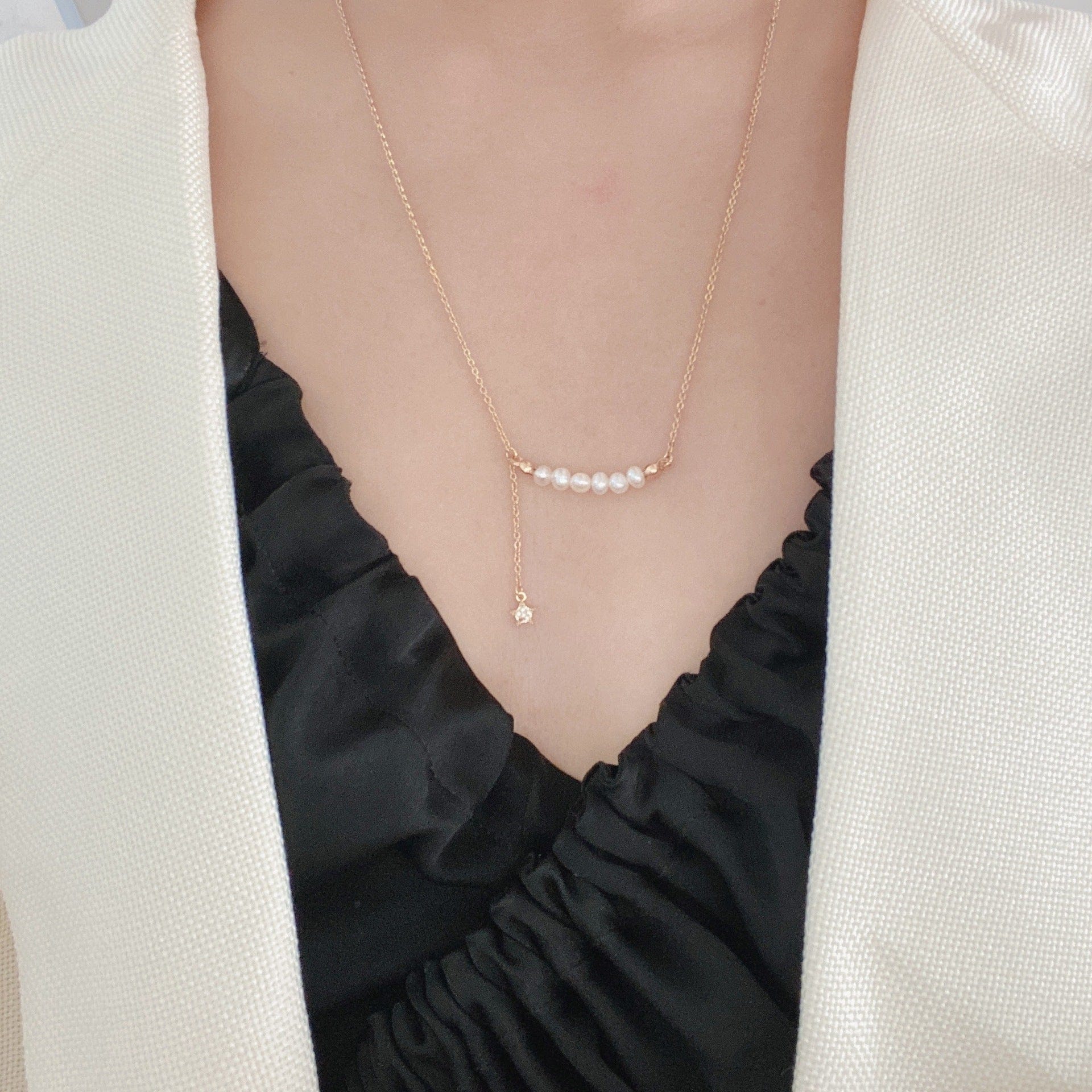 Gold Pearl Line Necklace - Image 4