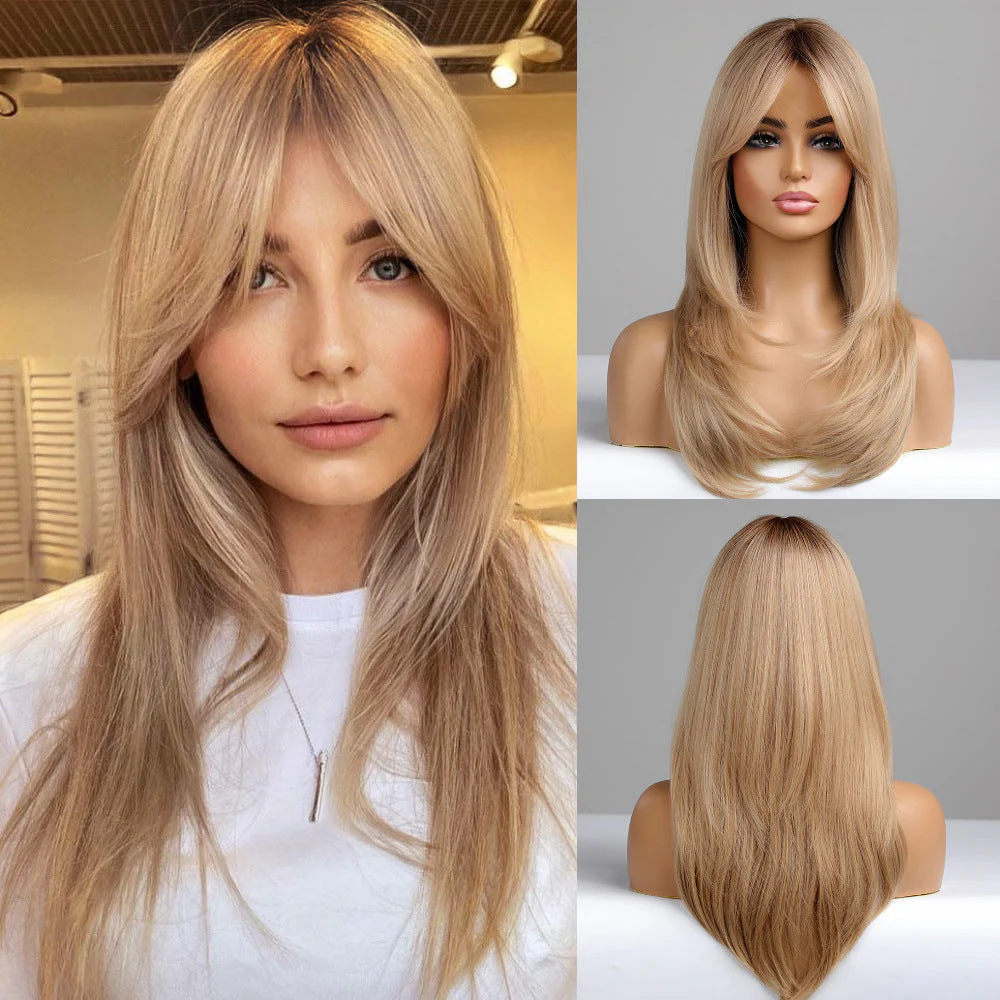 Gradient Gold Black Brown Mid-length Straight Hair Wig - Image 12
