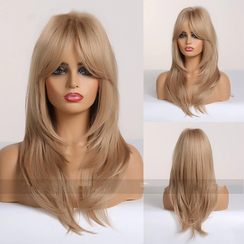 Gradient Gold Black Brown Mid-length Straight Hair Wig - Image 2