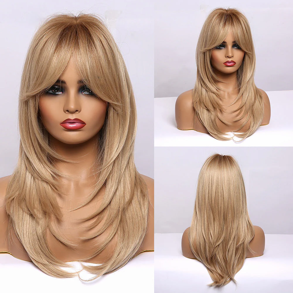 Gradient Gold Black Brown Mid-length Straight Hair Wig - Image 3