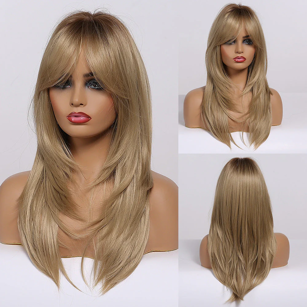 Gradient Gold Black Brown Mid-length Straight Hair Wig - Image 4