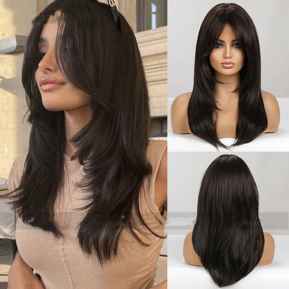 Gradient Gold Black Brown Mid-length Straight Hair Wig - Image 6