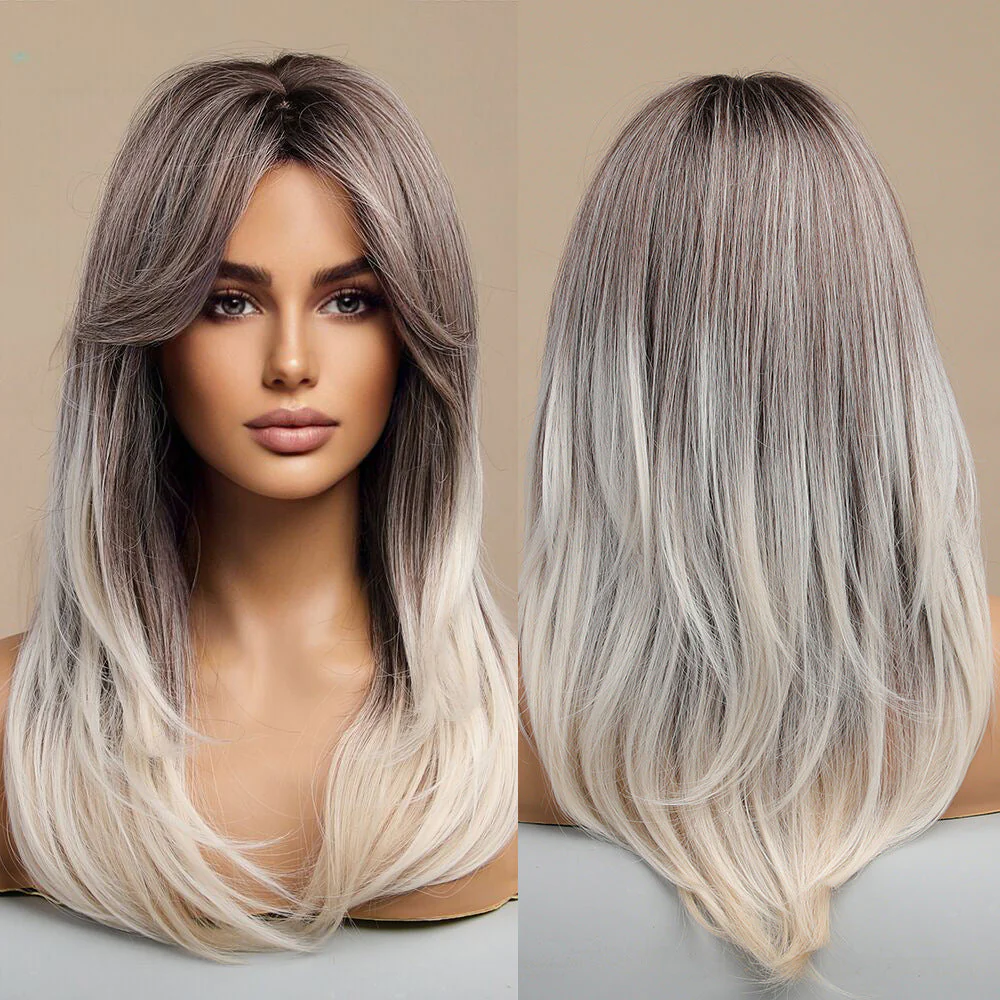 Gradient Gold Black Brown Mid-length Straight Hair Wig - Image 7