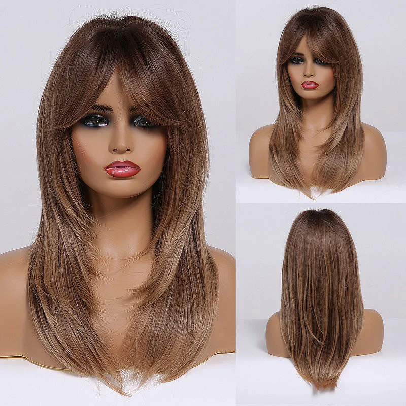 Gradient Gold Black Brown Mid-length Straight Hair Wig - Image 8