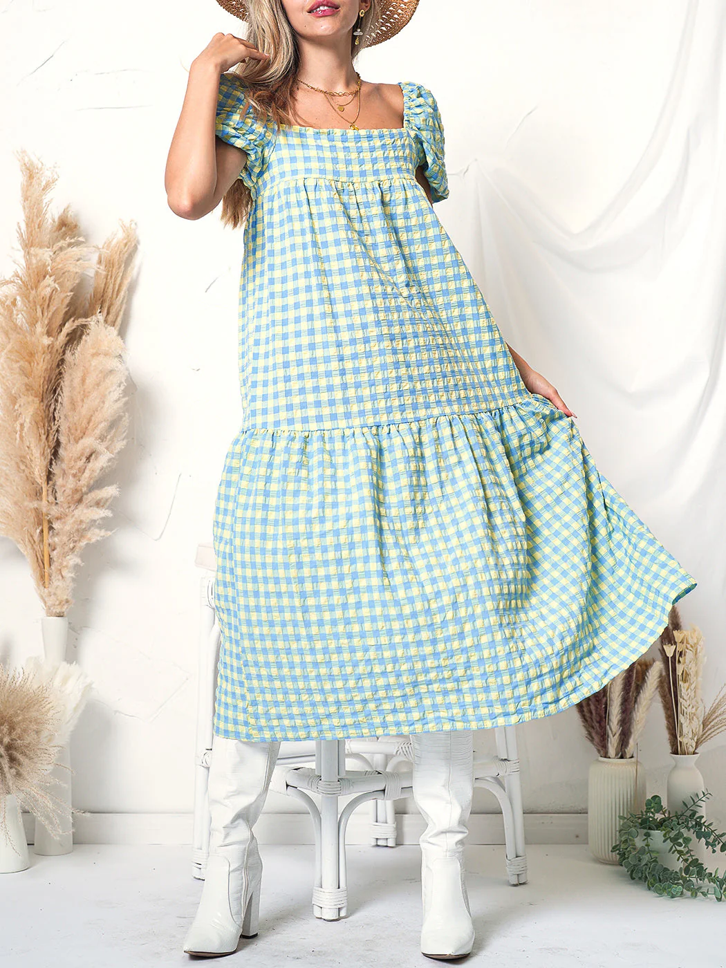 Green Plaid Print Puff Sleeve Maxi Dress - Image 2