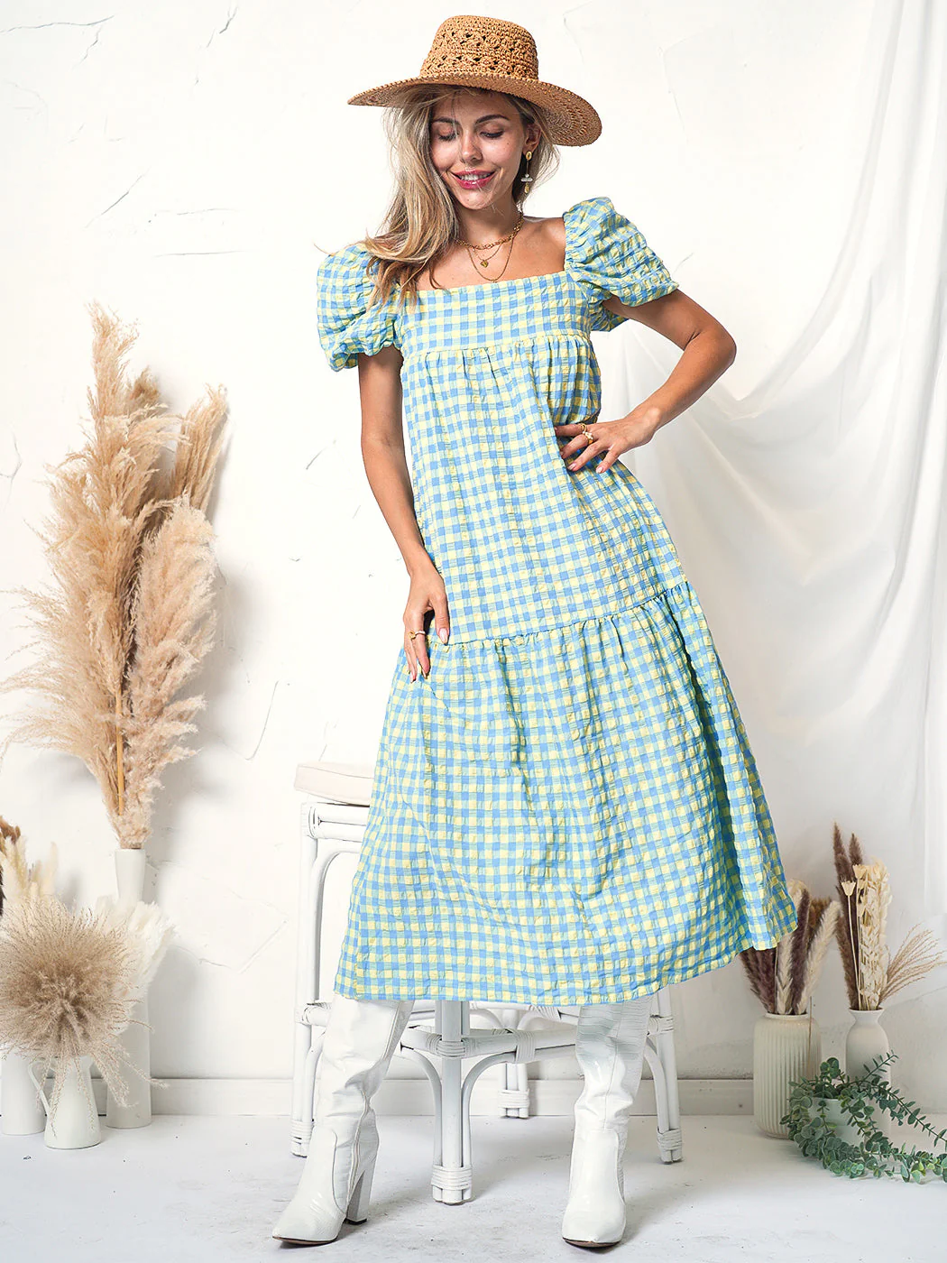 Green Plaid Print Puff Sleeve Maxi Dress - Image 3