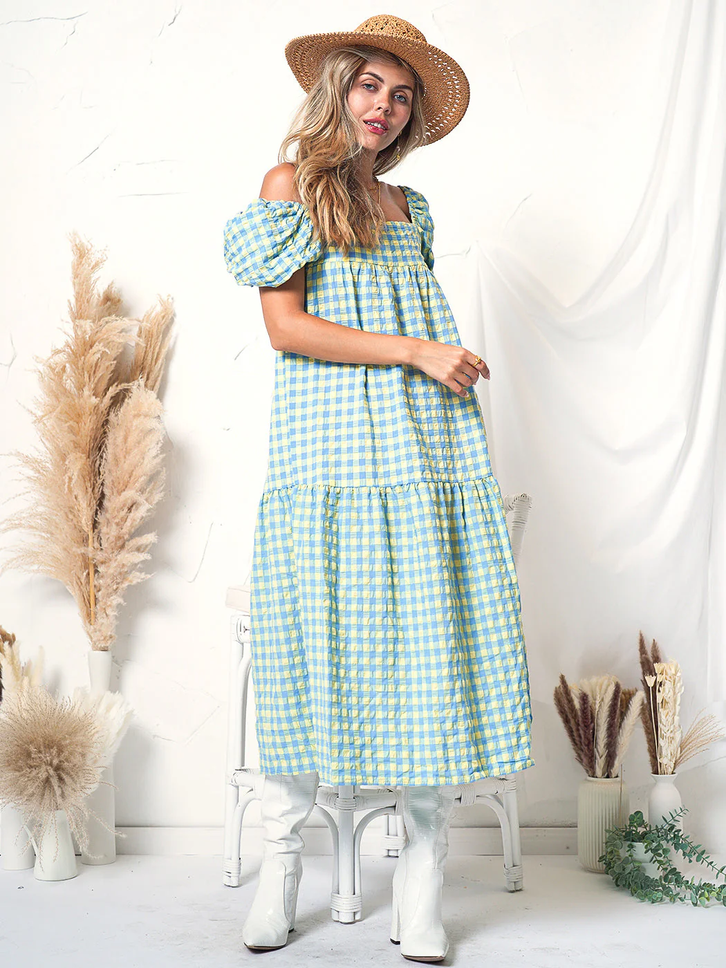 Green Plaid Print Puff Sleeve Maxi Dress - Image 4