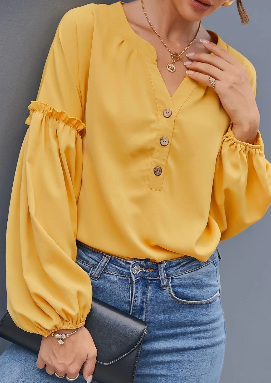 Half Button Front Bishop Sleeve Blouse - Image 2