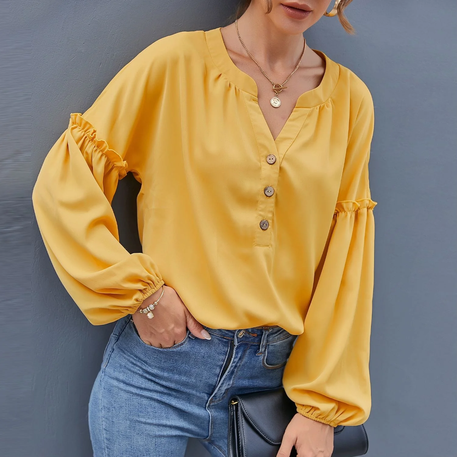 Half Button Front Bishop Sleeve Blouse - Image 3