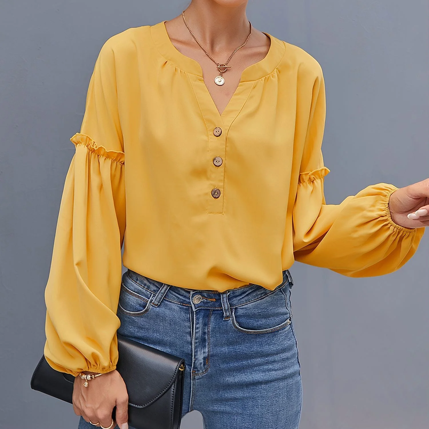 Half Button Front Bishop Sleeve Blouse - Image 4