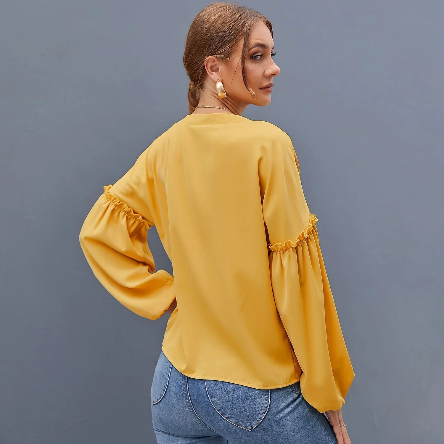 Half Button Front Bishop Sleeve Blouse - Image 5