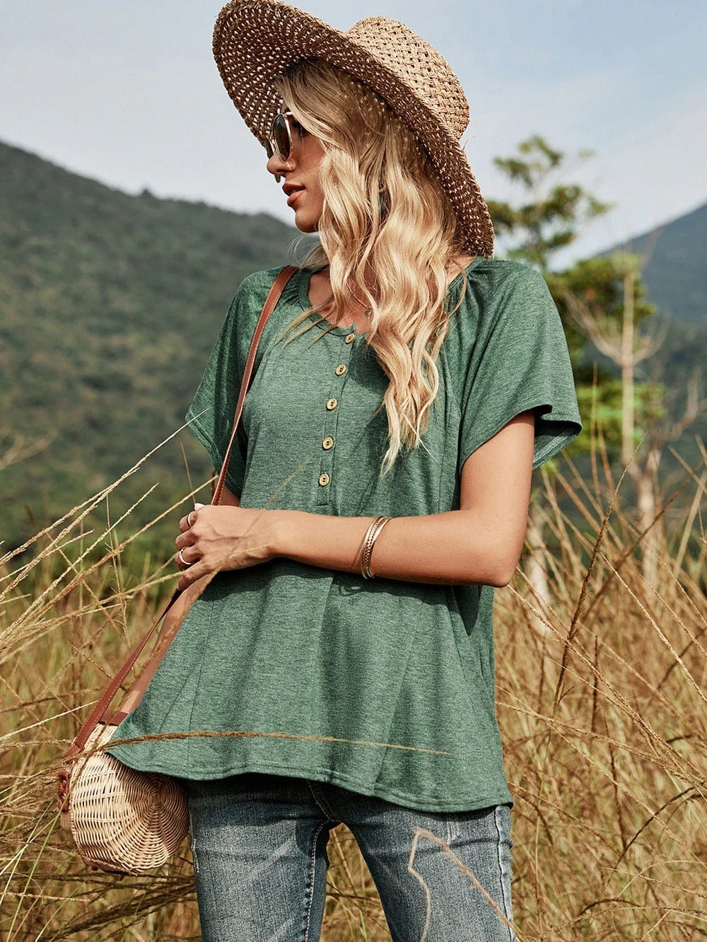 Half Button Front Flowy Tee - Image 2