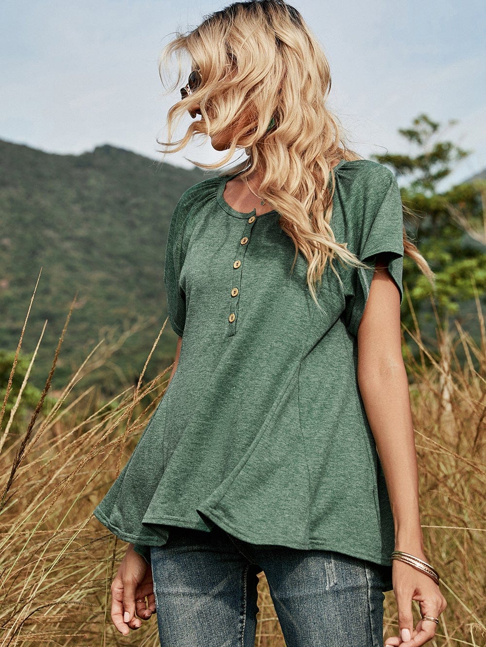 Half Button Front Flowy Tee - Image 4