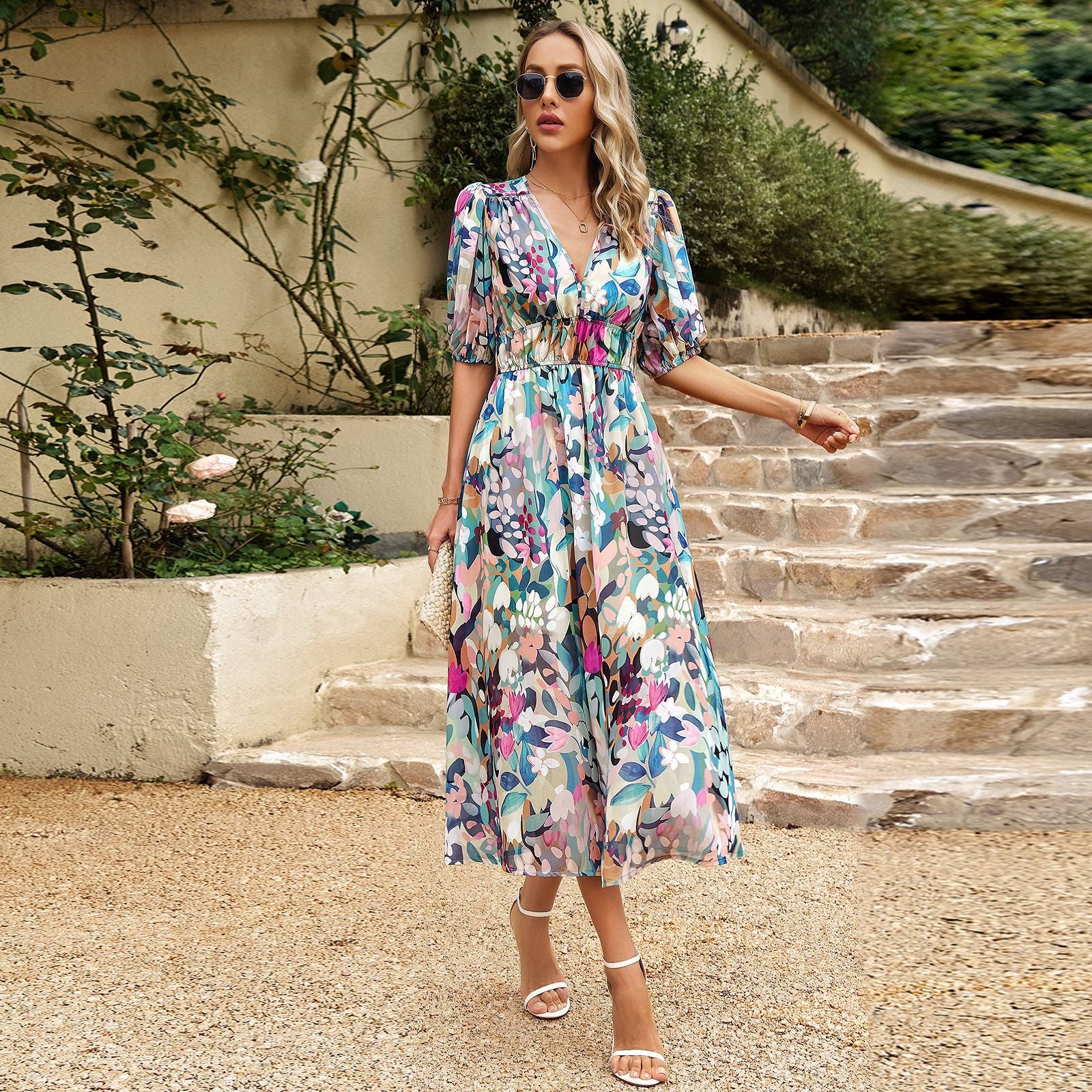 Half Puff Sleeve Elastic Waist Bohemian Maxi Dress - Image 3