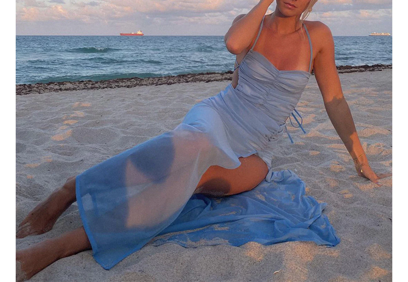 Halter Mesh Open Back Ruched Leg Slit Maxi Dress - Image 3