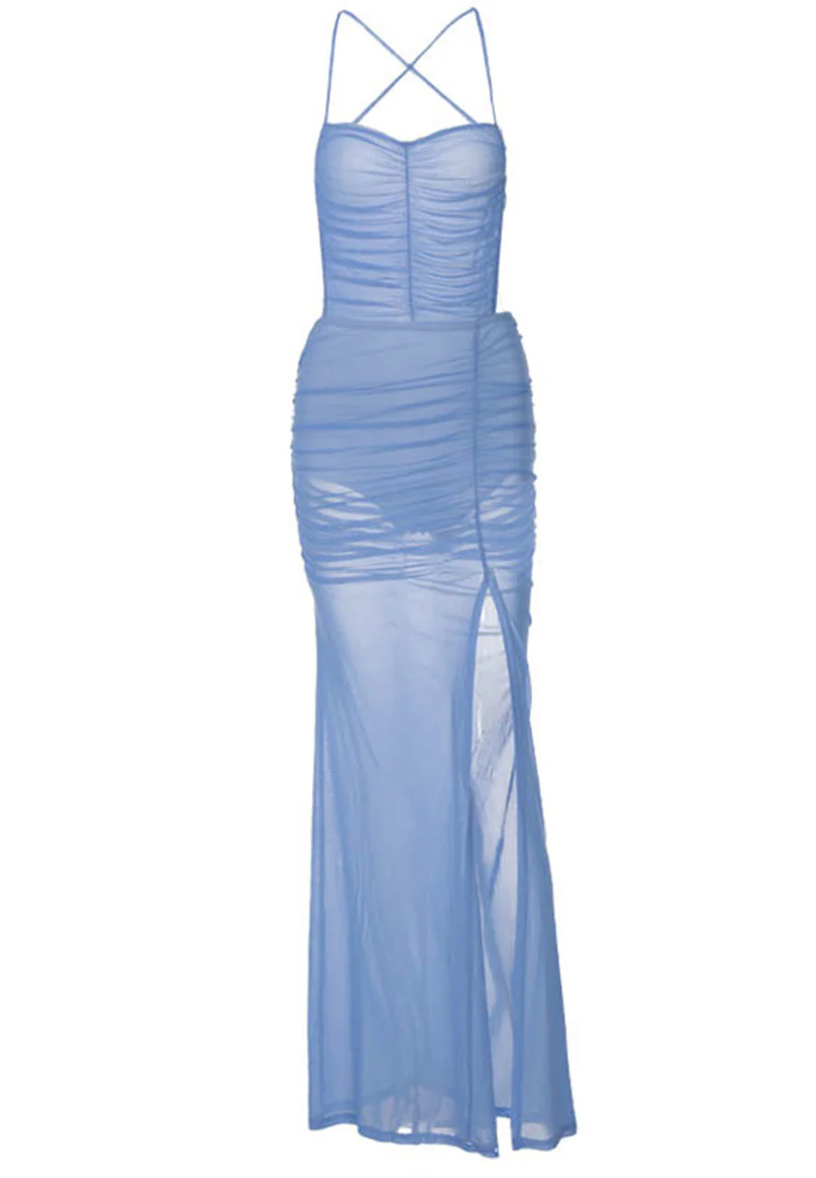 Halter Mesh Open Back Ruched Leg Slit Maxi Dress - Image 6