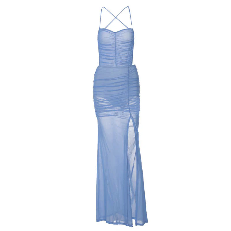 Halter Mesh Open Back Ruched Leg Slit Maxi Dress - Image 7
