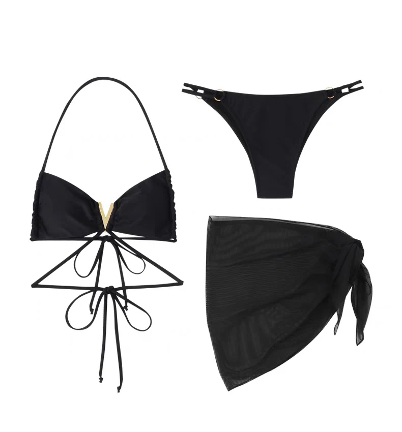 Halter String Triangle Cheeky Bikini Set & Ruched Drawstring Mesh Skirt - Image 5