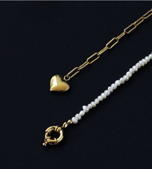 Heart Charm Asymmetrical Chain Pearl Necklace - Image 2