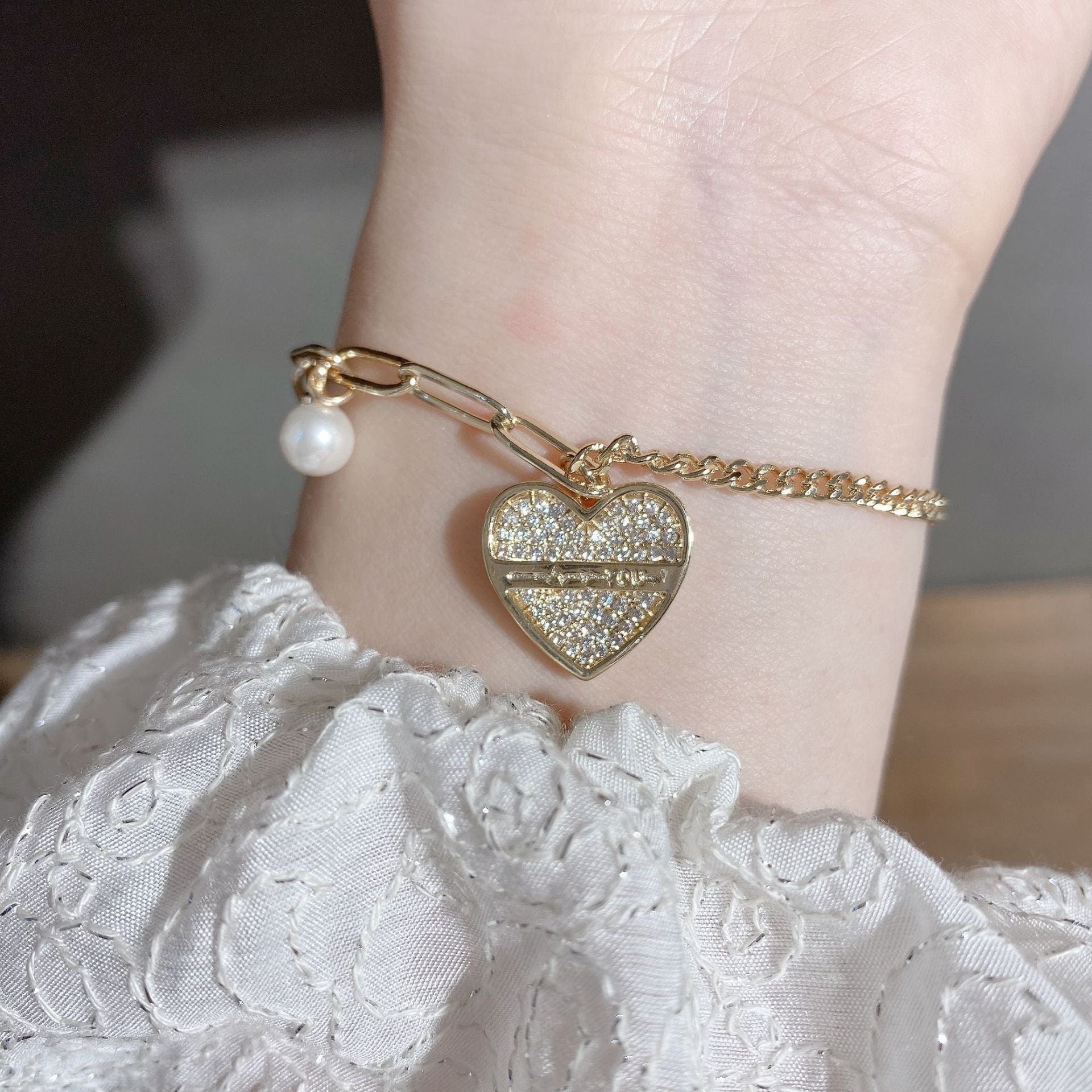 Heart Pendant Asymmetrical Bracelet with Pearl - Image 3