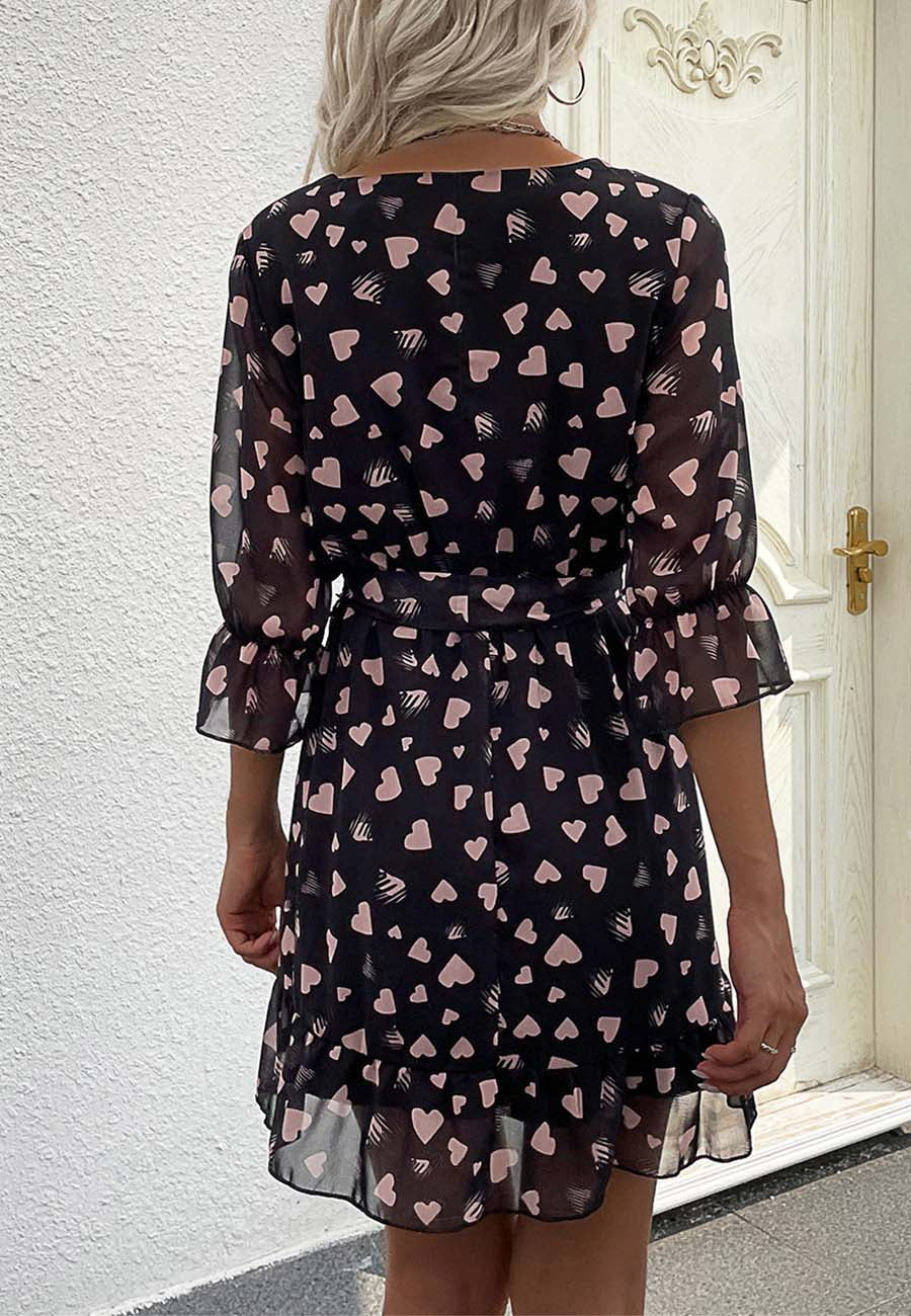 Heart Print Surplice Neck Dress - Image 3