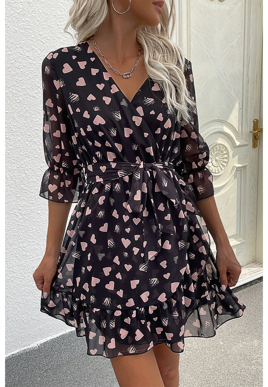 Heart Print Surplice Neck Dress - Image 4