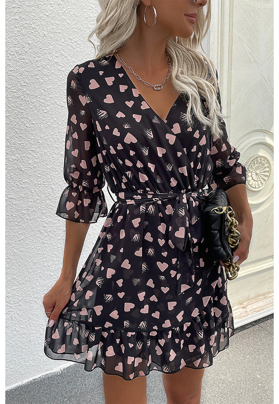 Heart Print Surplice Neck Dress - Image 5