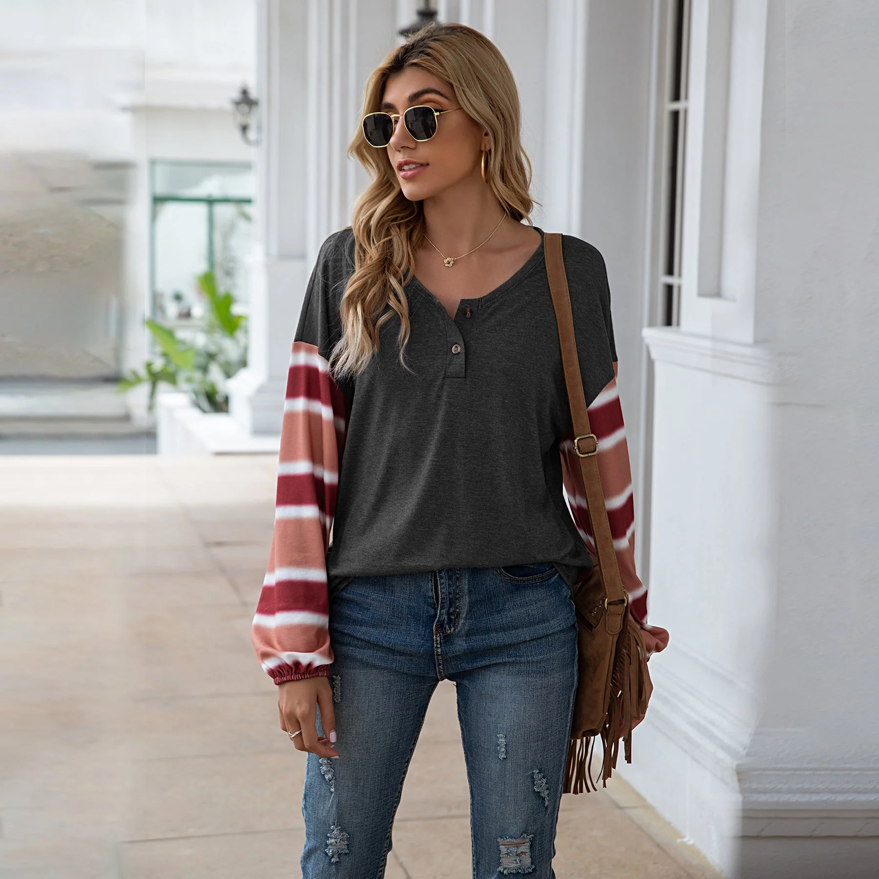 Henley Striped Long Sleeve Top - Image 2