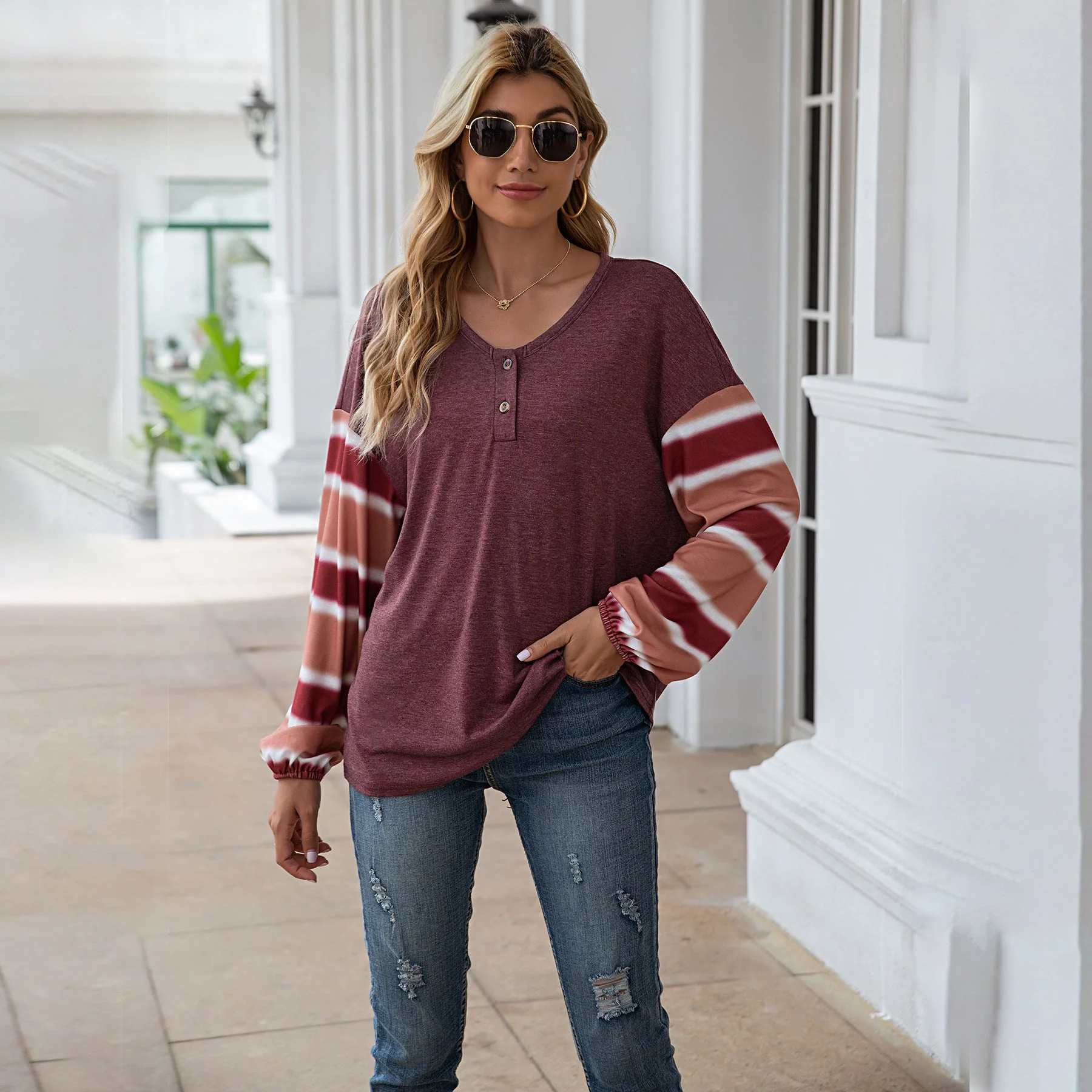 Henley Striped Long Sleeve Top - Image 5