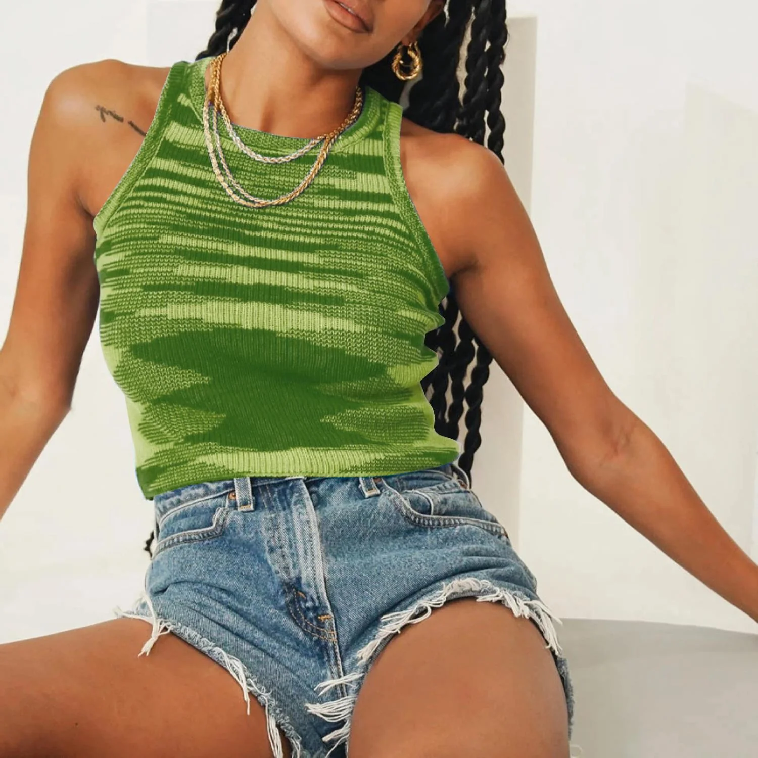 High Neck Contrast Knit Crop Tank - Image 5
