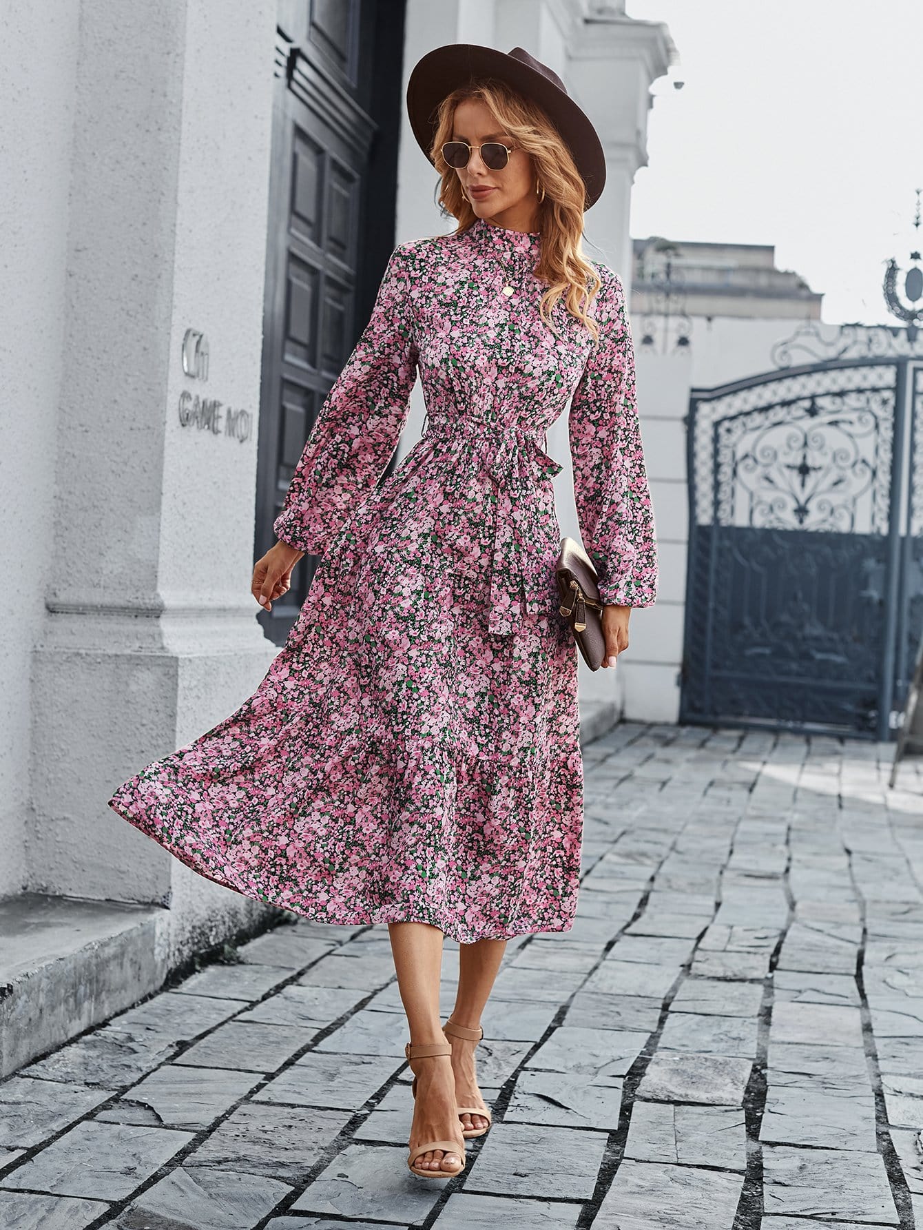 High Neck Floral Vintage Dress - Image 13