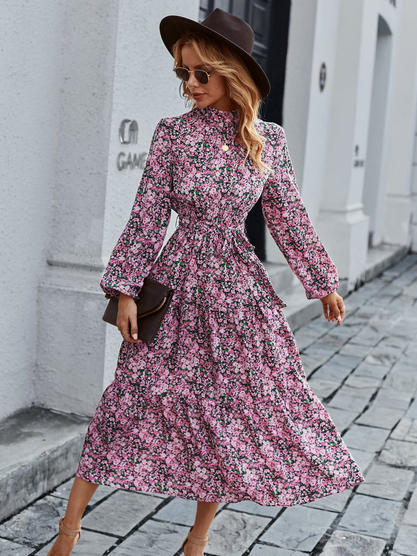 High Neck Floral Vintage Dress - Image 15