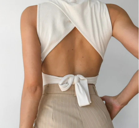 High Neck Open Back Ribbon Tie Cropped Tank - Image 7