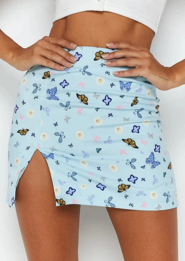 High Rise Butterfly Print Leg Slit Mini Skirt