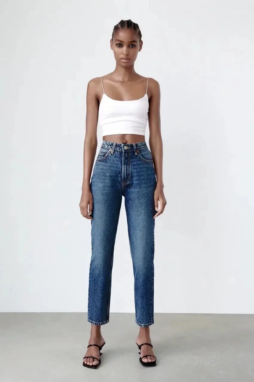 High Rise Cropped Slim Fit Mom Denim Jeans - Image 4