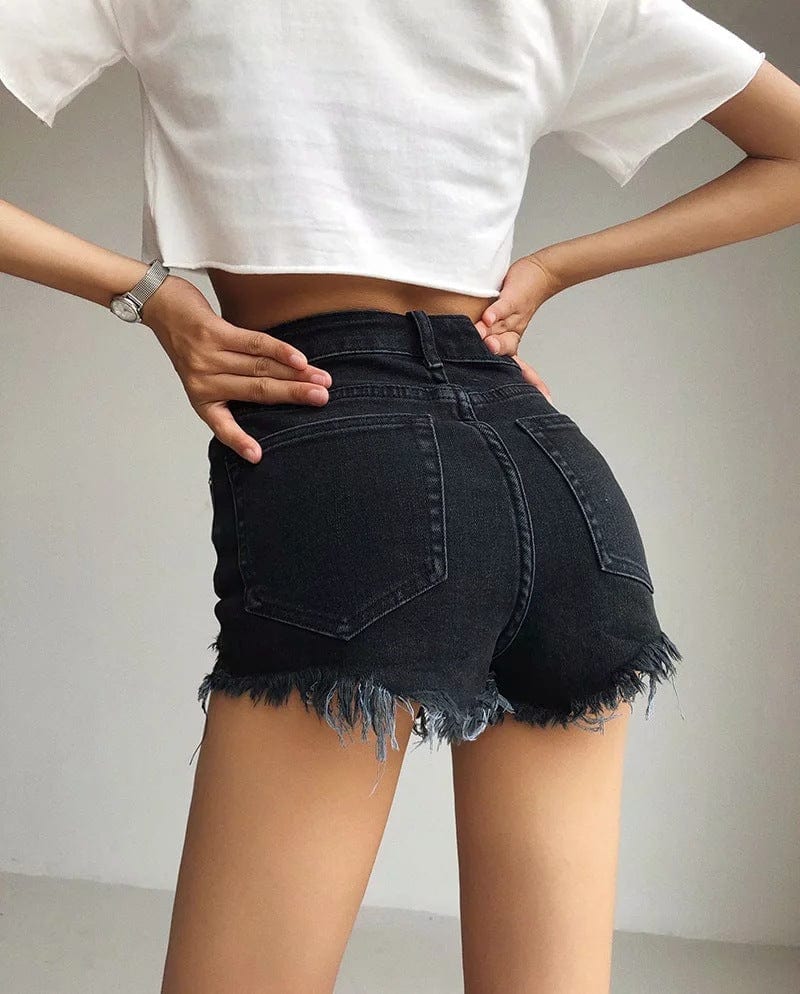 High Rise Distressed Raw Hem Denim Shorts - Image 3