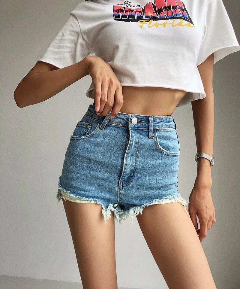 High Rise Distressed Raw Hem Denim Shorts - Image 5