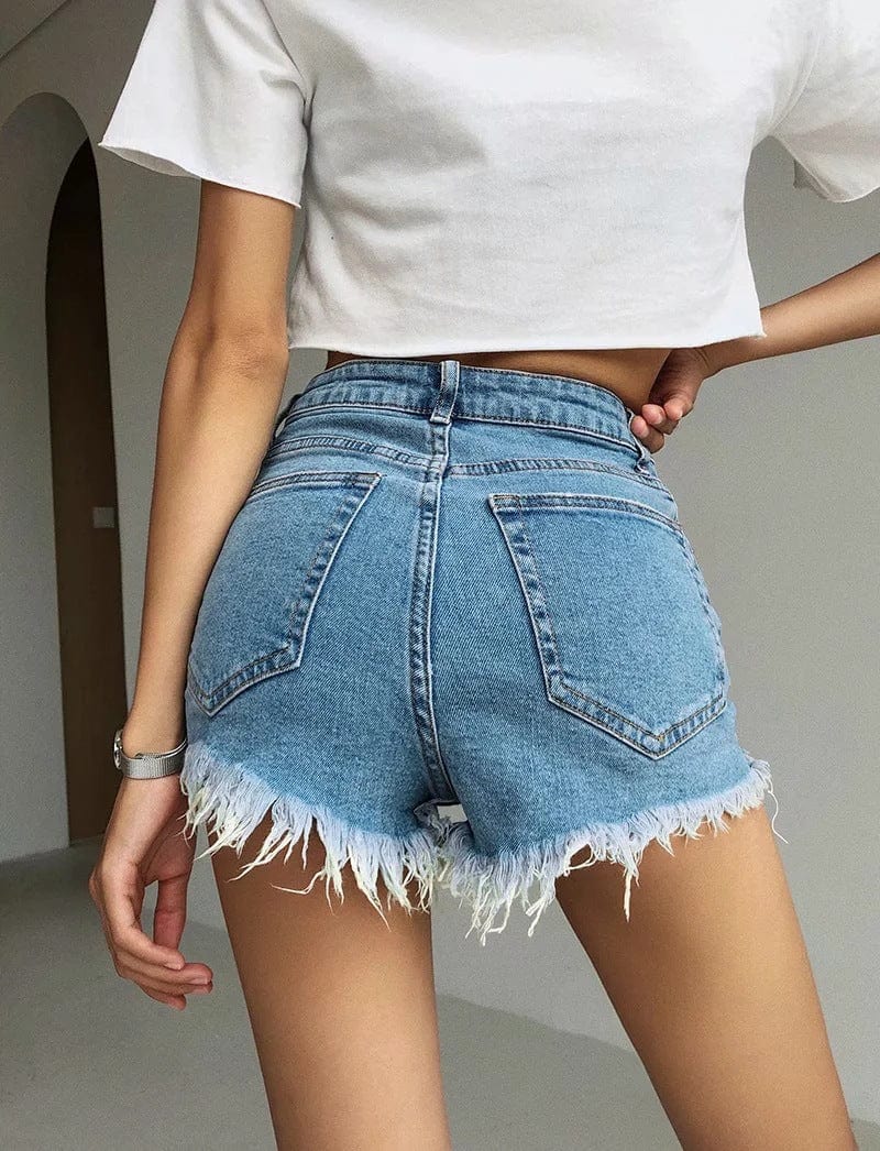 High Rise Distressed Raw Hem Denim Shorts - Image 6