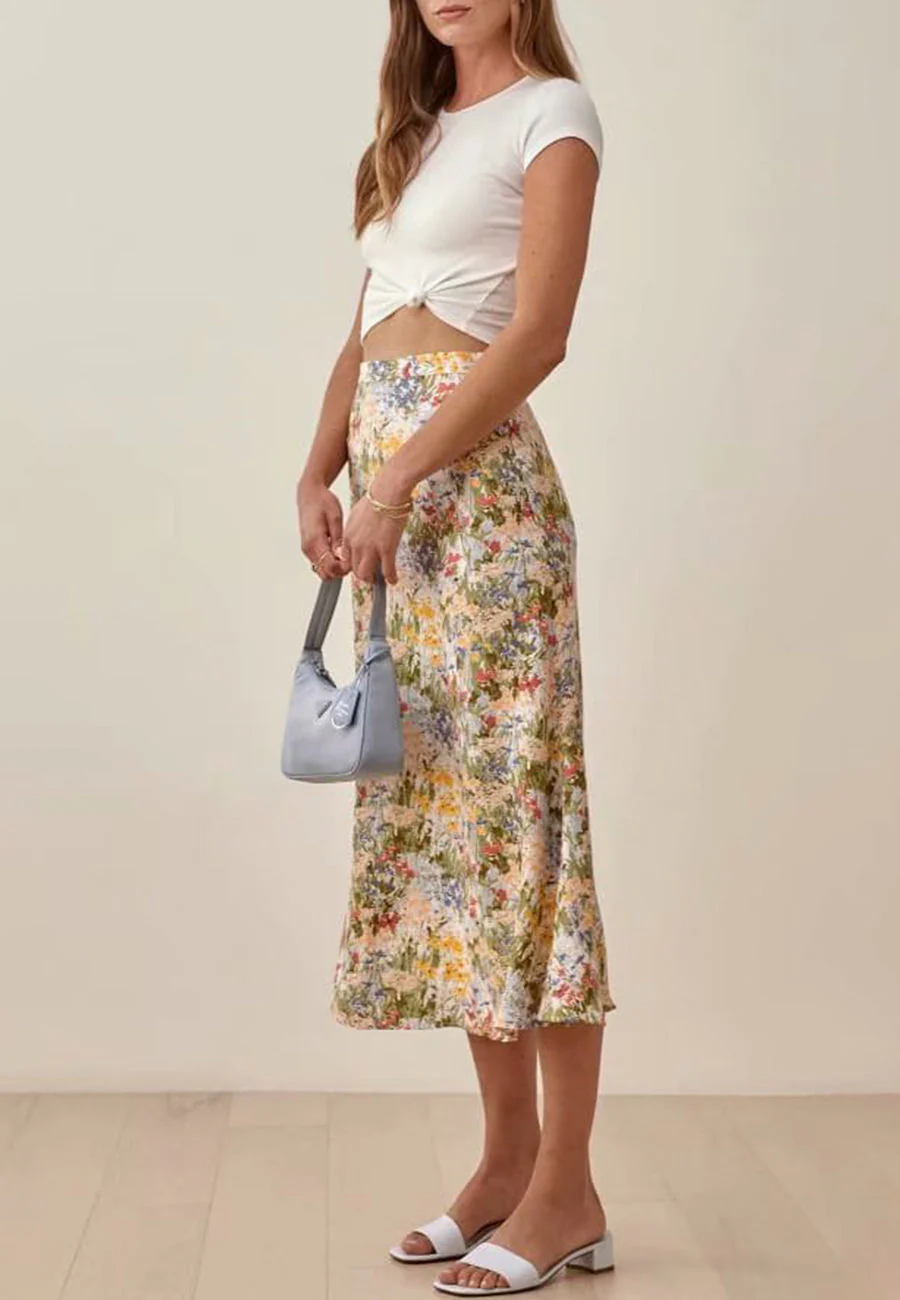 High Rise Floral Painted Printed Midi Slip Skirt - Image 2