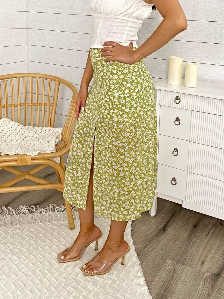 High Rise Green Floral Leg Slit Midi Skirt - Image 2