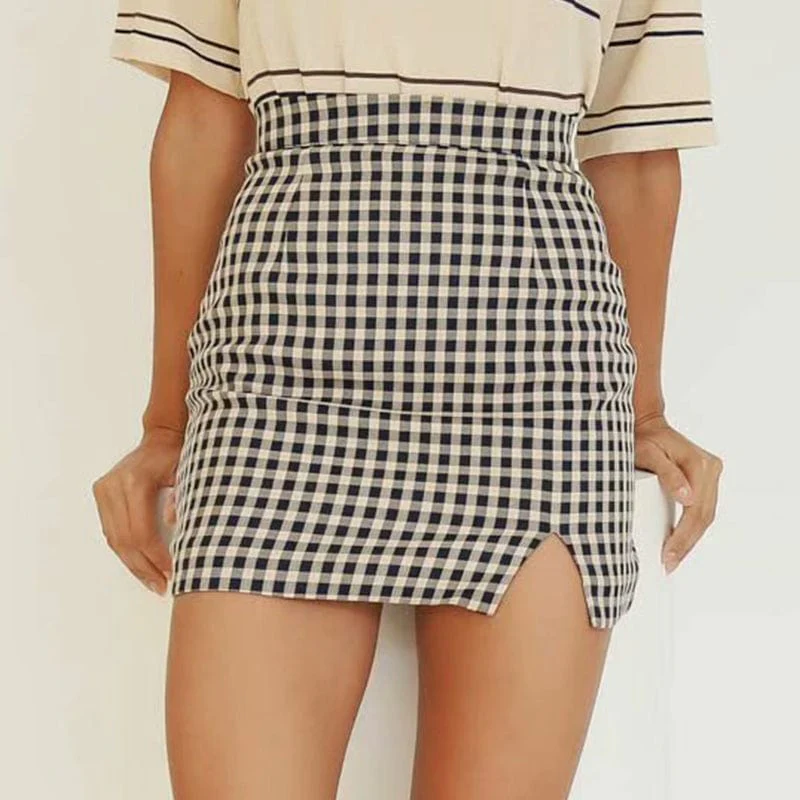 High Rise Plaid Slit Mini Skirt - Image 4