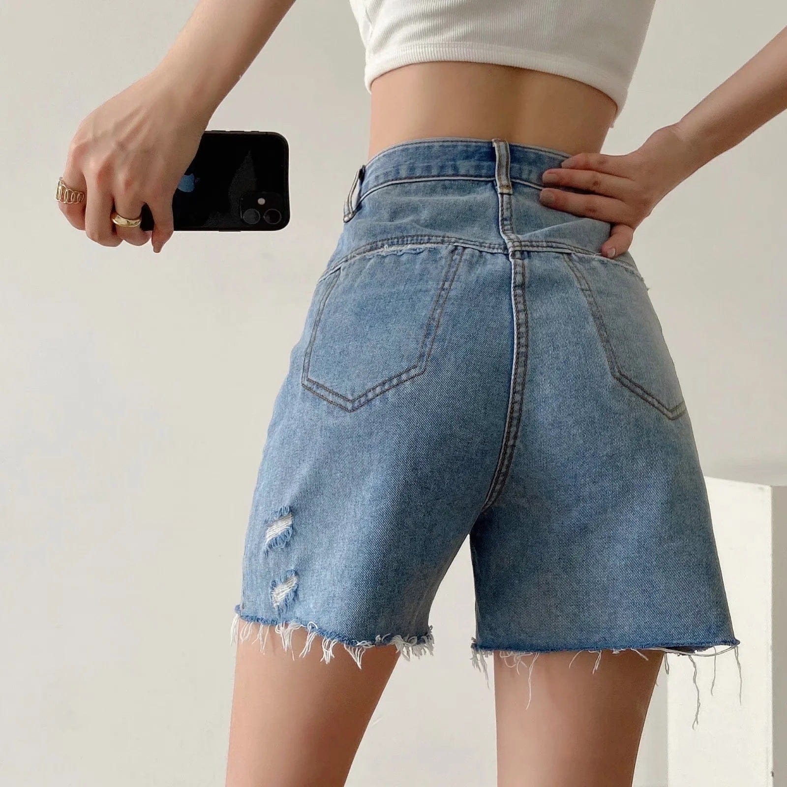 High Rise Relaxed Raw Hem Denim Dad Shorts - Image 6