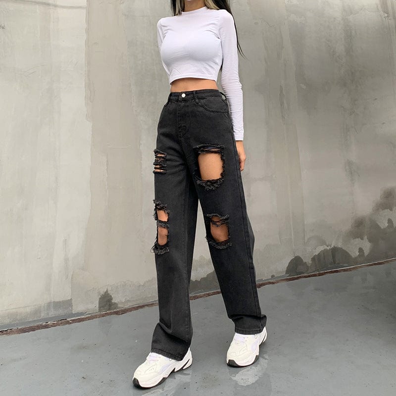 High Rise Relaxed Straight Baggy Distressed Denim Jeans - Image 3