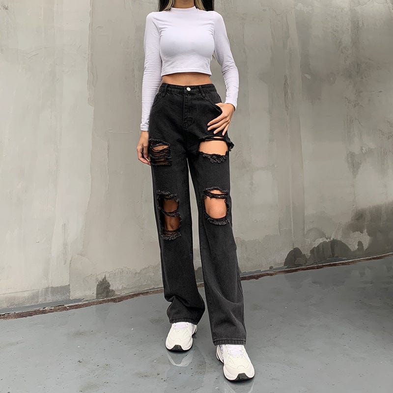High Rise Relaxed Straight Baggy Distressed Denim Jeans - Image 4