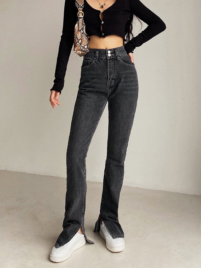 High Rise Slim Asymmetrical Slit Hem Jeans - Image 3