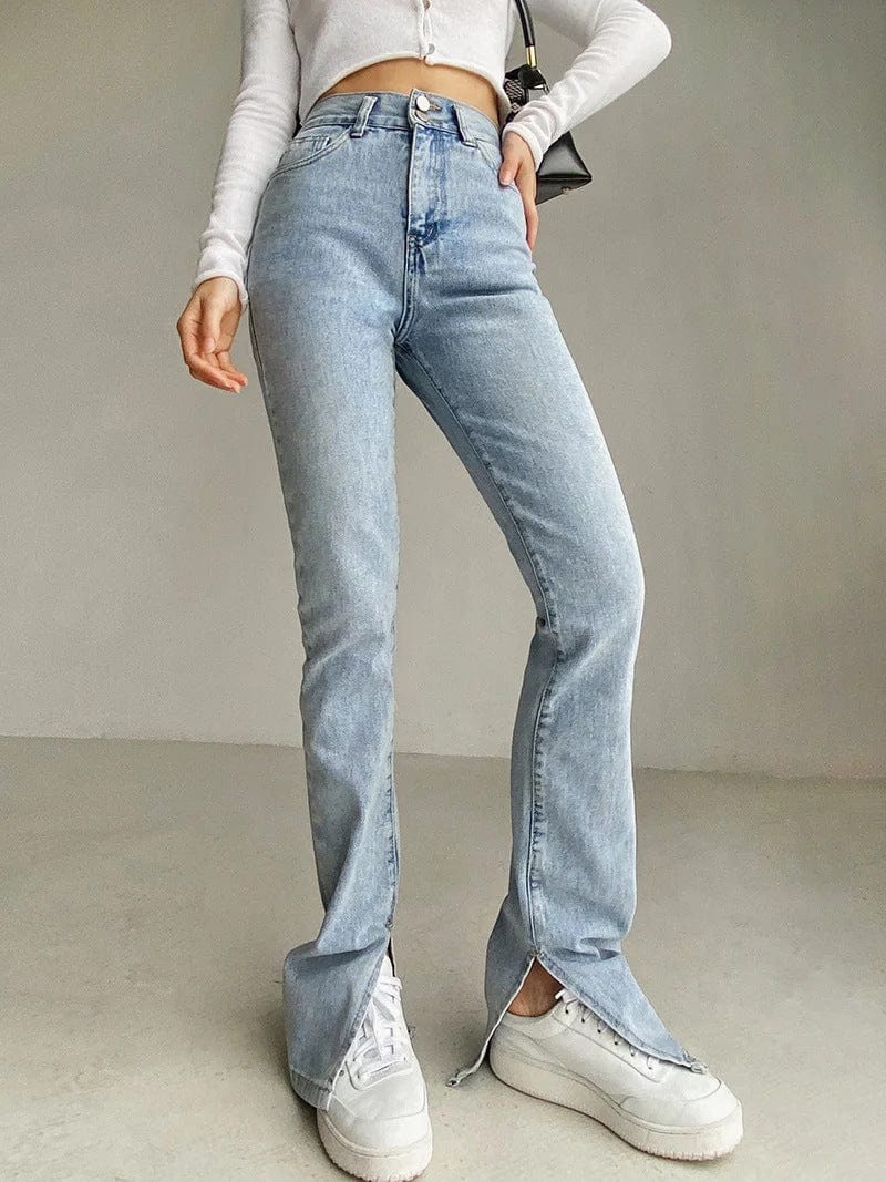 High Rise Slim Asymmetrical Slit Hem Jeans - Image 8