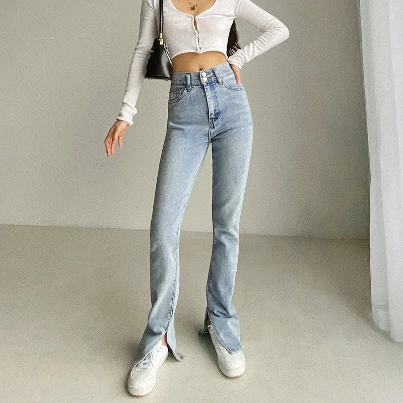 High Rise Slim Asymmetrical Slit Hem Jeans - Image 9
