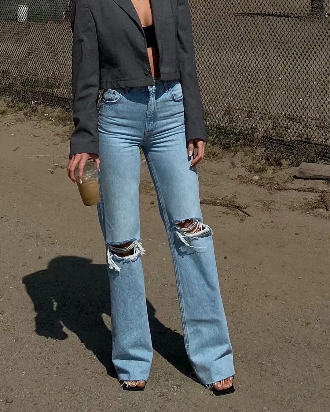 High Rise Straight Baggy Knee Slit Jeans - Image 3