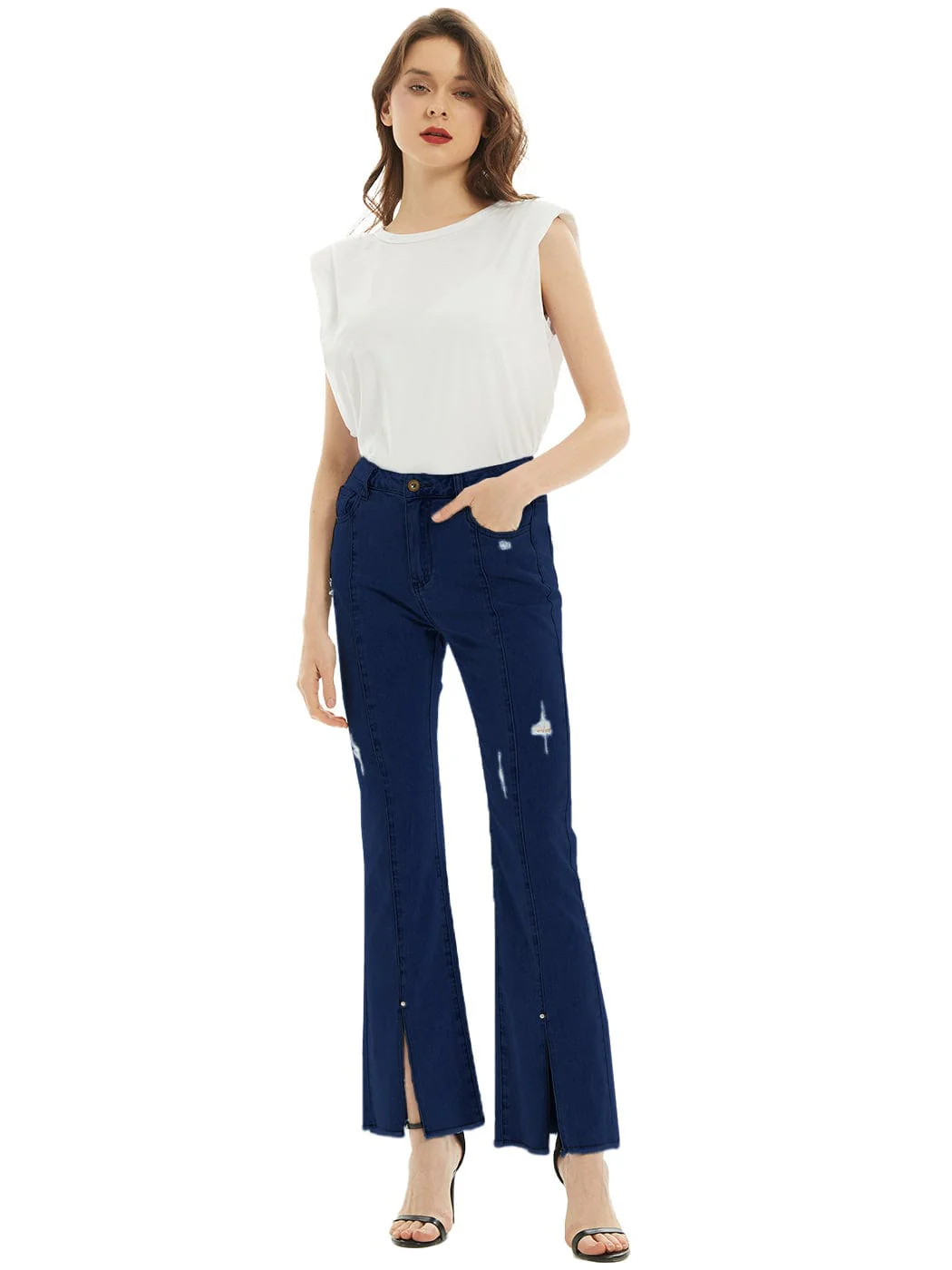 High Waist Distressed Slit Denim Jeans Long Pants with Pockets - Image 11