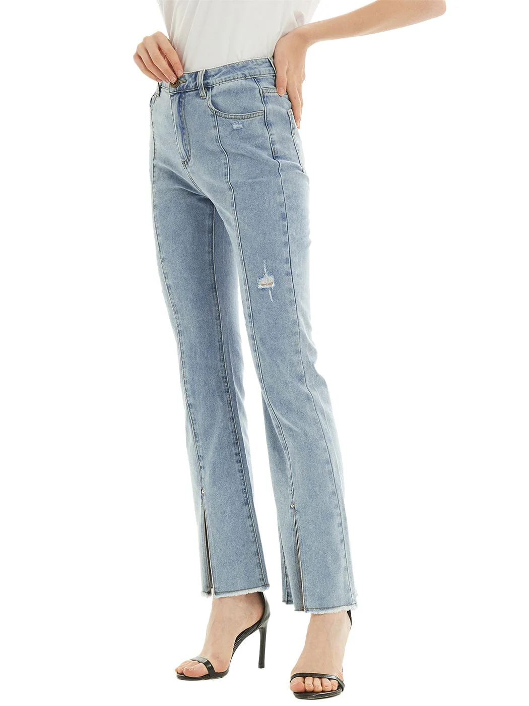 High Waist Distressed Slit Denim Jeans Long Pants with Pockets - Image 3